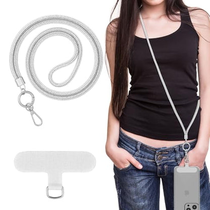 MoKo Universal Phone Lanyard, Metal Cell Phone Chain Crossbody Strap Anti-Theft Detachable Women Cellphone Lanyards Around The Neck with Patches for iPhone, Most Smartphones - Bright Silver - color: Bright Silver