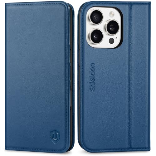 SHIELDON Genuine Leather Magnetic Case Wallet for iPhone 16 Pro, Royal Blue | Flip Magnetic Closure, RFID Blocking 3 Card Holder, Kickstand, Full Protection, Shock Absorbing Protective Cover - color: Royal Blue