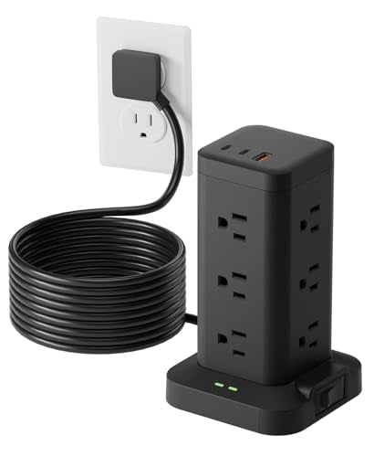 12AC 3USB Power Strip Tower Surge Protector 1800J, 6ft, Black, 1 - color: Black, size: 6ft