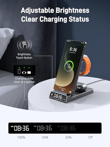 Wireless Charger for Samsung S25 with Clock 3 in1 Foldable Charging Station - color: Grey