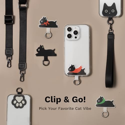 EKAX Anti-Theft Phone Strap, Adjustable Crossbody & Wrist Lanyard, Universal Tether Tab (2-Pack) for Secure Hands - color: Black Cat