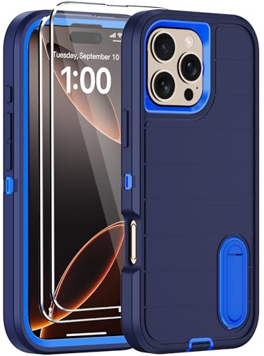 for iPhone 16 Pro Case with Screen Protector,Built-in Invisible Kickstand,Heavy Duty Shockproof Drop Protection Military Grade Tri-Layer Rugged Durable Cell Phone Cover for Apple 16 Pro 6.3" (Blue) - color: Blue