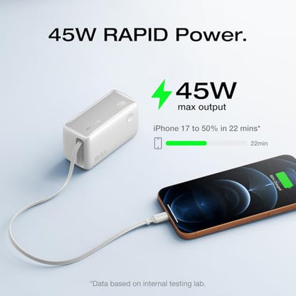 EF ECOFLOW Rapid 45W Power Bank 10000mAh Portable Charger with Built-in USB C 2.3ft Cable and USB C&A Port Travel Essential Battery Bank with Digital Display for iPhone 17/16 Series, Galaxy, ipad - color: White