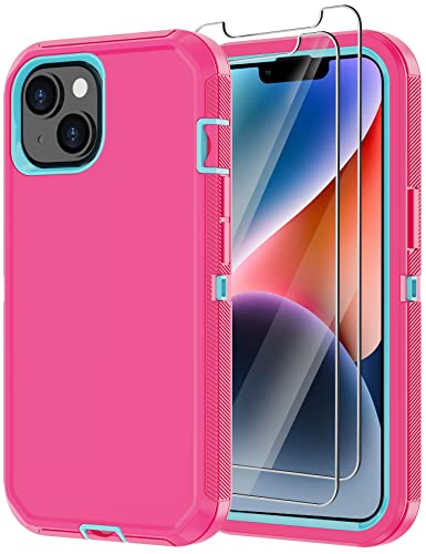 for iPhone 14 Case with 2 Screen Protector, Heavy Duty Shockproof Dropproof Dust Proof Full Body Rugged 3 Layer Military Tough Durable Protective Cover for Apple iPhone 14 6.1" (Pink/Blue) - color: Pink/Blue