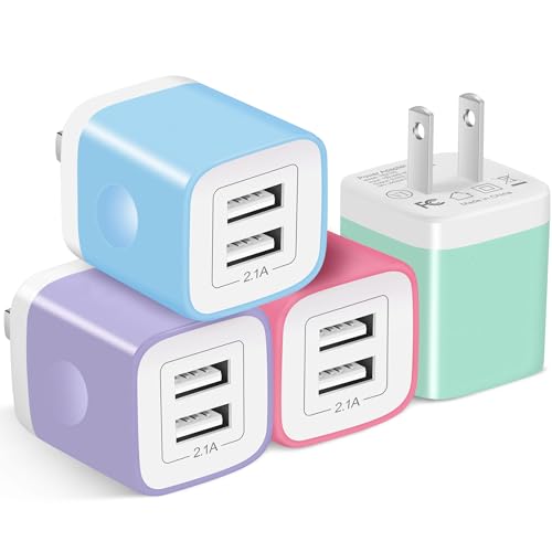 USB Charger Block, 4Pack 2.1A Dual Port USB Wall Charger Plug Power Adapter - color: Red,Blue,Green,Purple
