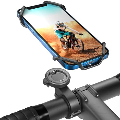 Bike Handlebar Phone Mount with Shockproof Silicone Grip – Quick-Lock Aluminum Out-Front Holder with Dual Safety Buckles & Elastic Strap, Fits 4.0”–6.7” Phones – Secure Fit for Road & Urban Rides - style: 【2-Buckle Style】Stem Mount + Silicone Adapter - Bl