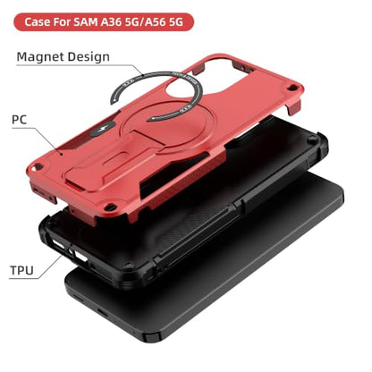 for Galaxy A37/A36-5G Case Military-Grade Dropproof Phone/Invisible Kickstand with MagSafe/HD Screen Protector, Protective Magnetic Phone Cover for Samsung Galaxy A37 4G/5G&A36 5G (Red) - color: Red