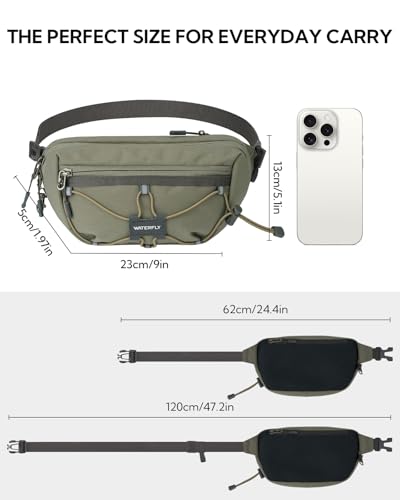 WATERFLY Small Fanny Pack RFID Blocking Travel Hiking Crossbody Waist Bag | Anti-theft design, Water resistant, Lockable zipper, Hidden rear pocket, Lightweight hip belt bag, EDC Running, Cycling, Gym - color: Gray-Green