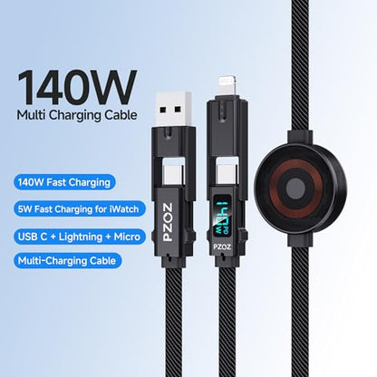 pzoz 6-in-1 USB-C Multi Charging Cable, 140W PD with Apple Watch Charger