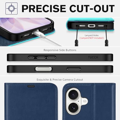 TUCCH Wallet Case for iPhone 17 (6.3") 2025, 4 Card Slots, Blue & Lake Blue | RFID Blocking, Viewing Stand, Shockproof TPU Shell, PU Leather, Magnetic Closure, Protective Folio Flip Cover - color: Two-tone Blue & Lake Blue