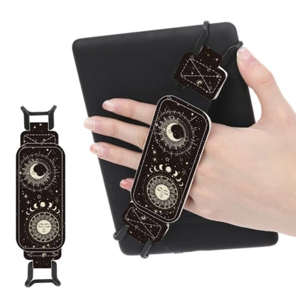 Secure Hand Strap for 6-7.5" Kindle and Tablets, Versatile Lightweight Faux Leather E-Book Grip Holder, Heavy-Duty E-Book Accessories for Reading Lover Gift (Sun and Moon) - color: Sun and Moon