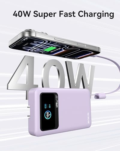 MOKiN 3-in-1 Power Bank,10000mAh 40W Portable Charger with Foldable Plug,Built-in USB-C Cable & LCD Display,Travel Essential Phone Fast Charging Battery Pack,for iPhone 17/16,Samsung etc (Purple) - color: Purple