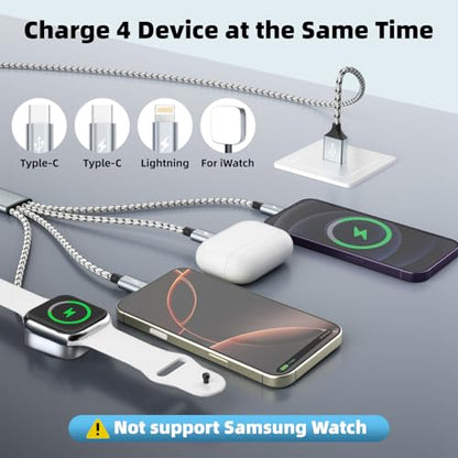 Travel Essentials 4in1 Multi Charging Cable for iPhone Watch Charger 3PK5FT - color: Light Grey Silver, size: AC to 2C+L+iWatch