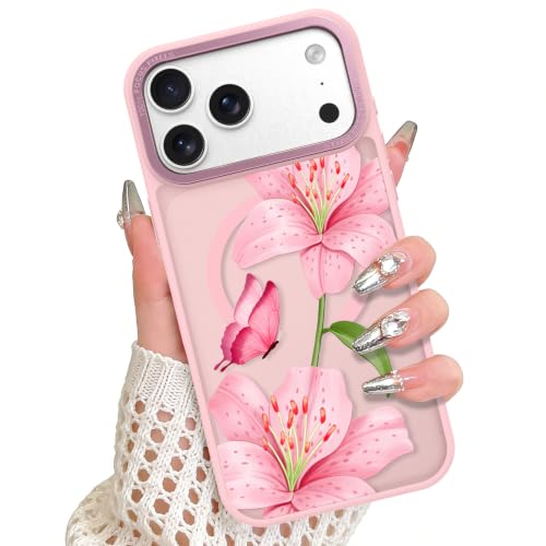 Magnetic Case for iPhone 17 Pro Max, Pink Lily Flower | Compatible with MagSafe, Frosted Shockproof Cover, Cute Floral Design, Slim Phone Case for Women Girls - color: Pink Lily Flower, size: iPhone 17 Pro Max