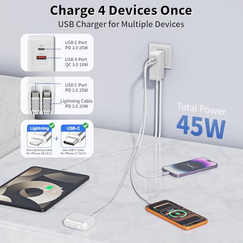 Retractable iPhone Charger,45W 4 in 1 Retractable Phone Charger Wall Plug with USB C and Lightning Cable Fast Charging Block with Dual Port(USB C+USB A) for iPhone 17/Air/16/15/14/13,iPad,Galaxy S26