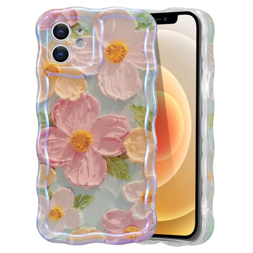 EYZUTAK Case for iPhone 11, Colorful Retro Oil Painting Print Flower, Green | Laser Glossy Floral Pattern, Cute Curly Wave Edge, Exquisite Phone Cover, Stylish Durable TPU Protective Case for Girl Women - color: Green, size: iPhone 11