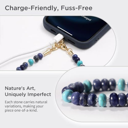 POSADINA Natural Stone Phone Charm, Beaded Healing Phone Wrist Strap, Handmade Cellphone Chain Lanyard with Tether Tab - color: Ocean Current