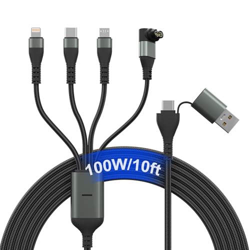 100W Multi Charging Cable with Garmin Watch Charger - 10ft Multi Charger Cable with 100W USB C, Mfi Lightning, Micro-USB, Garmin Watch Charger L-Shape for Garmin Watch iPhone 17-6 iPad Android Laptop