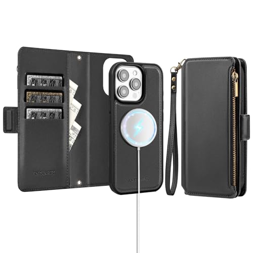 Antsturdy Compatible with MagSafe iPhone 13 Pro Wallet Case,Black | Detachable Magnetic Credit Card Holder,RFID Blocking,PU Leather Zipper Purse,Wrist Strap Kickstand,Flip Phone Cover for Women - color: (Detachable with Magsafe)-Black