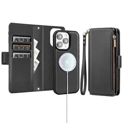 Antsturdy Compatible with MagSafe iPhone 13 Pro Wallet Case,Black | Detachable Magnetic Credit Card Holder,RFID Blocking,PU Leather Zipper Purse,Wrist Strap Kickstand,Flip Phone Cover for Women - color: (Detachable with Magsafe)-Black