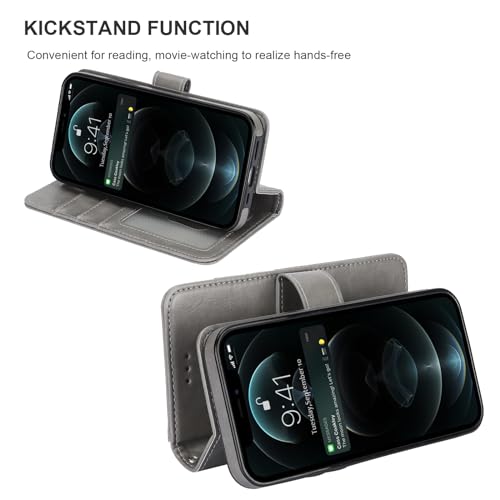 Bocasal Detachable Wallet Case Card Holder for iPhone 12/12 Pro, Grey | Kickstand Card Slots Holder PU Leather Magnetic Shockproof Wrist Strap Removable Flip Protective Cover 6.1 inch - color: Gray