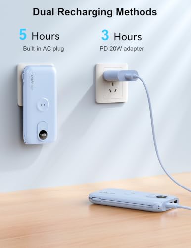 Portable Charger 10000mAh 20W, Wall Plug, 2 Cables, iWatch Charging - color: Mist Blue