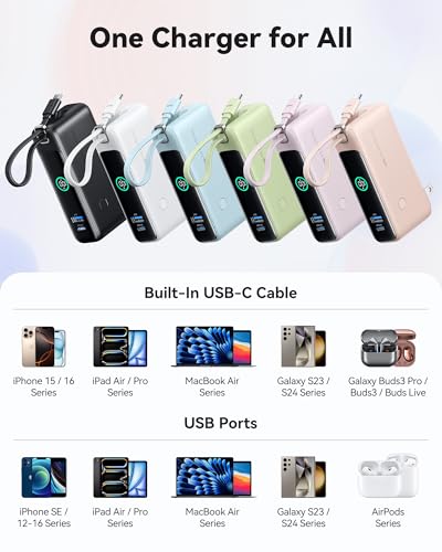INIU 3-in-1 Portable Charger, Small 10000mah 30W Fast Charging Power Bank with Built-in USB C Cable and Foldable AC Plug, Flight Cruise Ship Travel Phone Charger for College Students Boys Girls, Pink - color: Pink