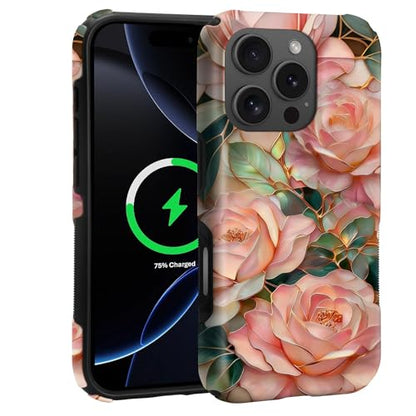 Case for iPhone 16 Pro Max | Anti-Slip Side Handle| Bold Protective Design | Compatible with MagSafe | Stained Glass Pink Flower | - color: Stained Glass Pink Flower, size: iPhone 16 Pro Max