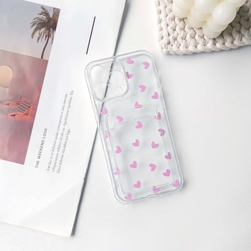 NITITOP Compatible with iPhone 13 Pro Case Clear with Card Holder Cute Pink Love Heart Pattern Design Design Soft TPU Shock-Absorbing Wallet Case Protective Cover - Pink - color: Pink, size: iPhone 13 Pro