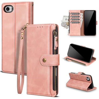 Compatible with iPhone 17e / 16e Wallet Case with Card Holder RFID Blocking Zipper Poket PU Leather Flip Phone Case with Wrist Strap Credit Card Slots Men Women,Rose Pink - color: Rose Pink