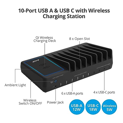 AVLT 150W 10 Port USB-A USB-C with Qi Wireless Charging Station - Black