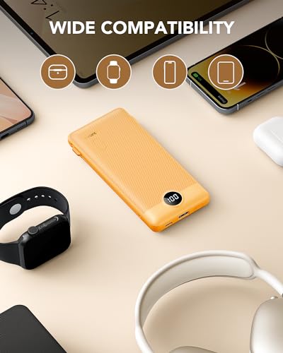 VRURC Portable Charger, Power Bank Built-in Cables and AC Wall Plug - color: Orange