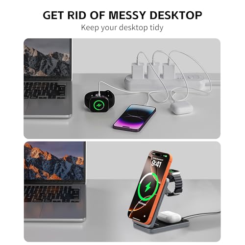 3-in-1 Adjustable Magnetic Charger, 15W for iPhone/Watch/AirPods - color: Grey