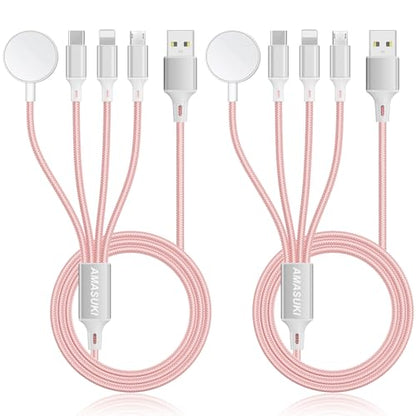 2Pack Multi Charging Cable for Apple Watch Charger 4 in 1 Travel Essentials RV Camping Essentials USB C/L/Micro Compatible with iWatch Series 11-1/iPhone 17/16/15/Android Airplane Gadgets-4FT/Pink - color: Pink, size: 4FT+4FT