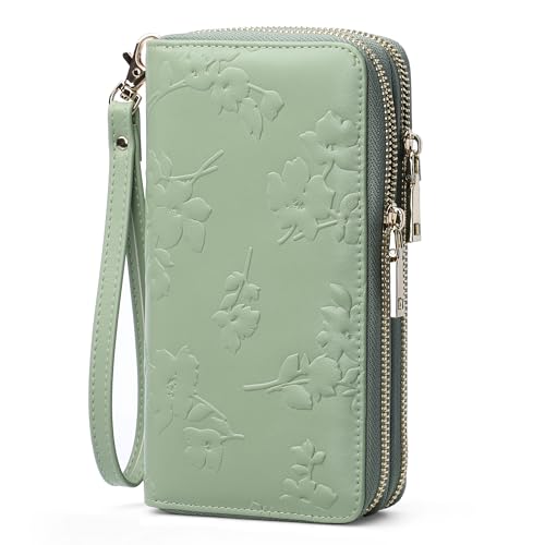 yiijay Womens Wallet RFID Blocking Large Capacity Vegan Leather Double Zip Wristlet Wallet Card Holder Travel Ladies Clutch - color: Light Green