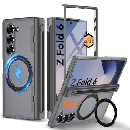 Upgraded 360° Spin Magnetic Invisible Ring Stand for Samsung Galaxy Z Fold 6 Case,[Compatible with MagSafe][S Pen Holder][Hinge Protection][Screen Protector],Shockproof Full Body Phone Cover (Grey) - color: Grey