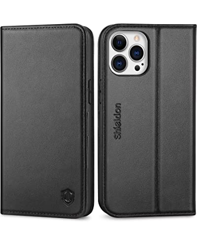 SHIELDON Genuine Leather Wallet Case for iPhone 13 Pro Max 6.7" 2021, Black | Magnetic Closure, RFID Blocking, Credit Card Holder, Kickstand, Folio Book Design, Shock Absorbing Protective Cover - color: Black