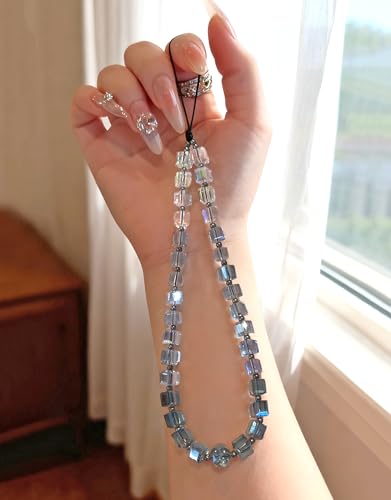 Crystal & Pearl Phone Charm Wrist Strap, Beaded Lanyard Wristlet Chain, Hands-Free Bracelet Strap for Phone Cases - color: Cube-blue