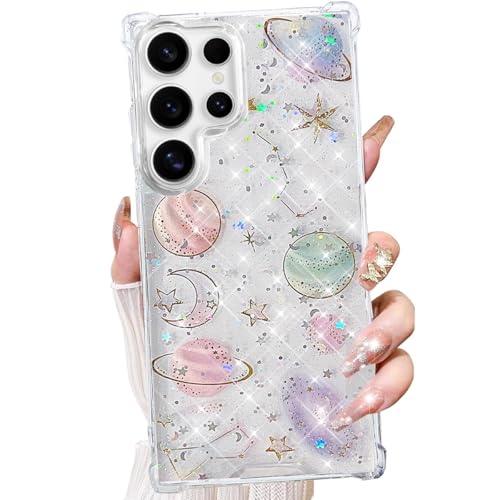 Changjia for Samsung Galaxy S25 Ultra Clear Glitter Case, Cute Bling Sparkle Planet Space Stars Moon Universe Pattern Soft TPU Bumper Shockproof Women Girls Protective Case for Galaxy S25 Ultra, Clear - size: for Samsung Galaxy S25 Ultra