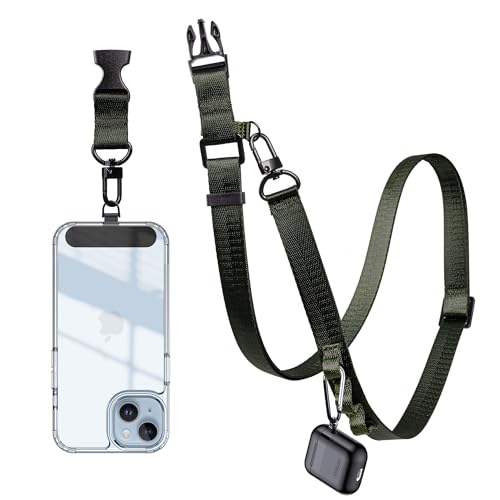 Cell Phone Lanyard Crossbody - Adjustable Nylon Strap Grey, Anti-Theft Lock Hook, Universal Fit (4-7" Screens) - color: Dark Green