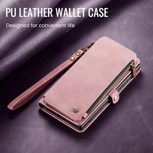 Defencase for Samsung Galaxy S26 Ultra Wallet Case with Card Holder, Pink | with RFID Blocking Zipper Pocket, Durable PU Leather, Wrist Strap, S26 Ultra Flip Phone Cases Cover with Stand for Women Men - color: Rose Pink