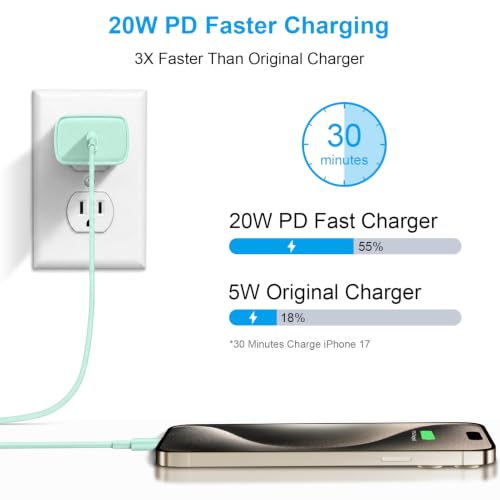 iPhone 17 16 15 Charger Fast Charging 12FT - 20W USB C Charger Block - color: Green, size: 12FT