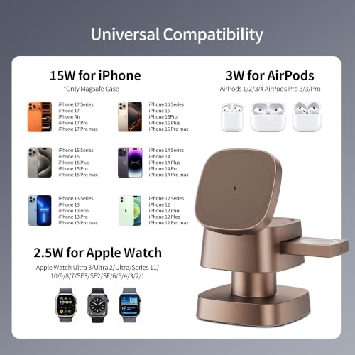 4 in 1 Magnetic Wireless Charging Station,15W Fast Charging with Night Light for MagSafe Charger Stand,3 in 1 Wireless Charger for iPhone 17/16/15/14/13 Pro Max,Apple Watch & AirPods,Sand Gold - color: Sand Gold