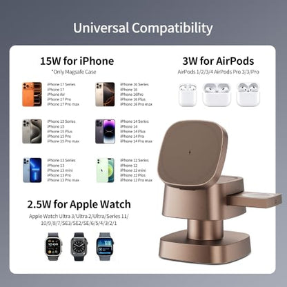 4 in 1 Magnetic Wireless Charging Station,15W Fast Charging with Night Light for MagSafe Charger Stand,3 in 1 Wireless Charger for iPhone 17/16/15/14/13 Pro Max,Apple Watch & AirPods,Sand Gold - color: Sand Gold