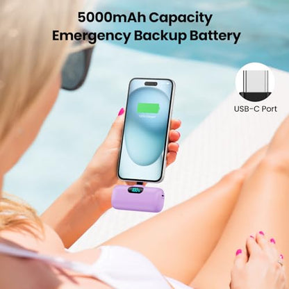 Mini Portable Charger USB C Power Bank,Upgraded 5000mAh PD Fast Charging Battery Pack Built-in USB-C Connector Travel Essential for iPhone17/17Pro/17Pro Max/Air/16 Plus/16Pro Max/15 Series,Android etc - color: Purple