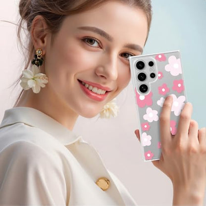 Cute Floral Phone Case Compatible with Samsung Galaxy S24 Ultra, Pink Flowers Aesthetic Art Pattern Soft Clear TPU Shockproof Cover, for Girls Women 6.8" - color: Pink Flower