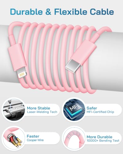 CXX 20W Fast Charger for iPhone 14/13/12 [3-Pack, MFi Certified] - color: Light Pink, size: 6FT