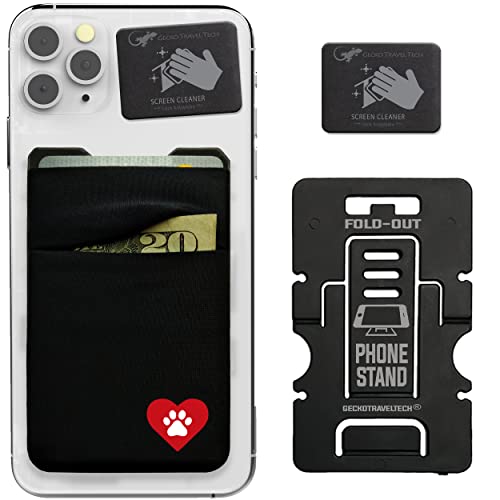 Gecko Travel Tech Double Pocket - Adhesive Card Holder - Cell Phone Pouch - Stick on Spandex Pocket - Carry Credit Cards and Cash - DOG HEART - color: DOG HEART