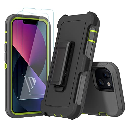 Compatible with iPhone 13 6.1 inch Case,with Screen Protectors,Heavy Duty Rugged Shockproof Full Body Protection Kickstand Case with Belt Clip Holster for iPhone 13 Phone (Dark Grey+Green) - color: Dark Grey+Green