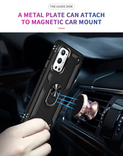 Case for Oneplus 9 Pro Military Grade Shockproof Cell Phone Cover with Kickstand and 360° Rotating Ring, Magnetic Car Mount Compatible, Hard Heavy Duty Armor Protective Shell (Black)